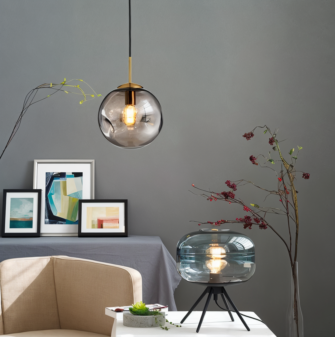 Chrodent pendel - rund champagne grå glas led pendel - vintage wabi sabi belysning