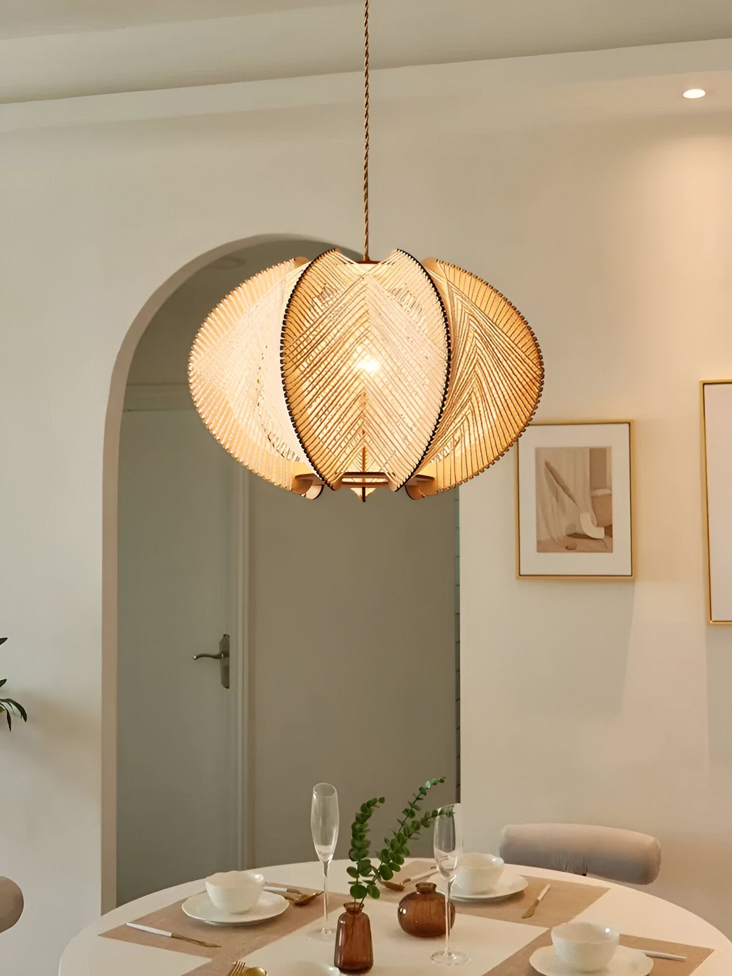 Kirei pendellampe - geometrisk hængelampe lavet af hampereb og træ - wabi sabi lighting