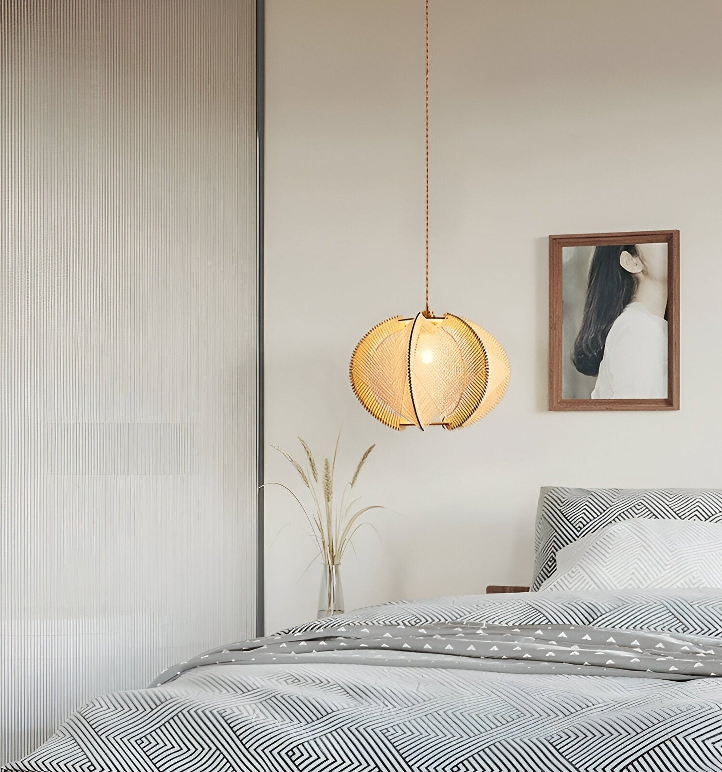 Kirei pendellampe - geometrisk hængelampe lavet af hampereb og træ - wabi sabi lighting